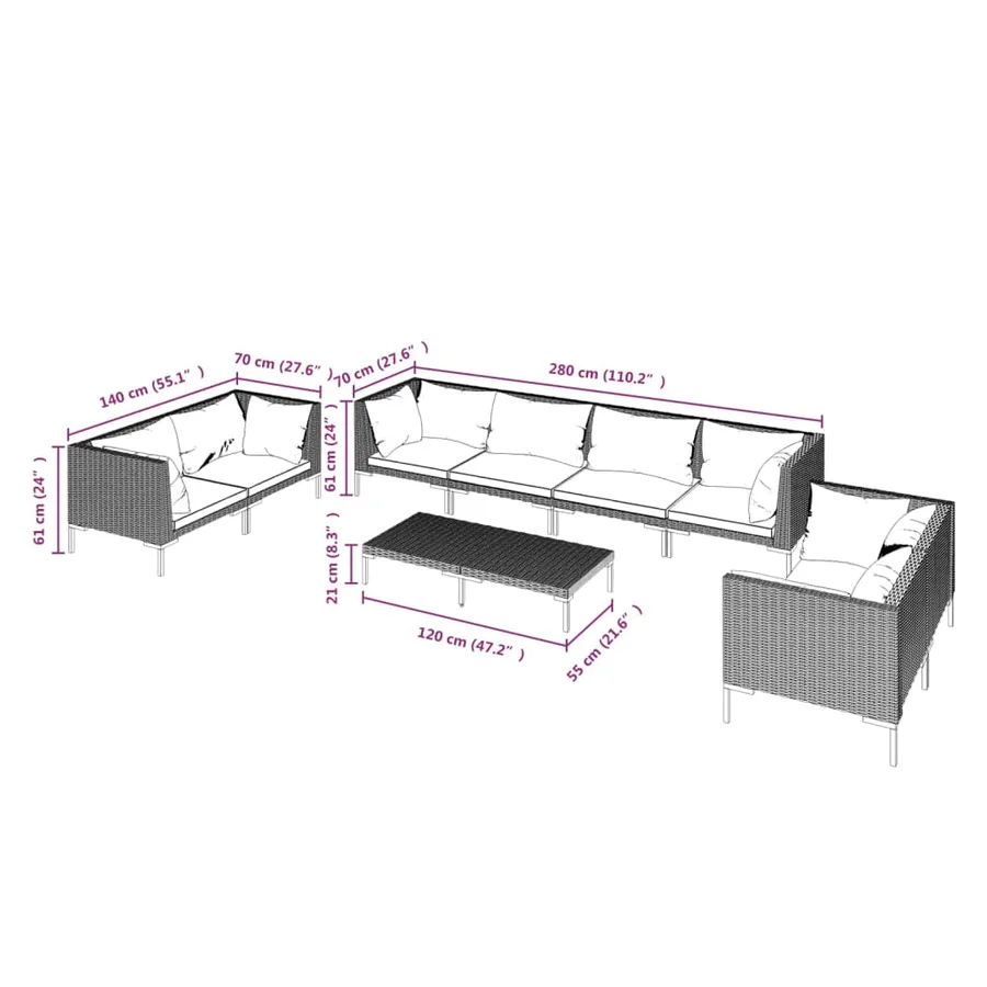 Salon de jardin 9 pcs avec coussins Résine tressée Gris foncé - 9