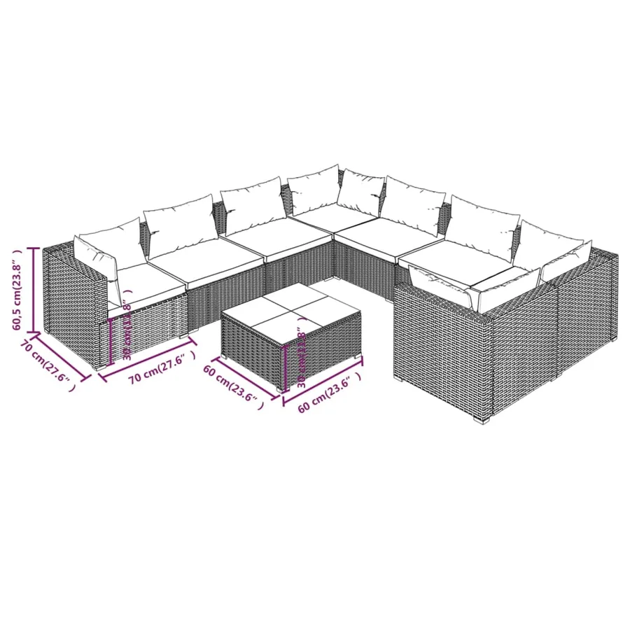 Salon de jardin 9 pcs avec coussins Résine tressée Gris - 9