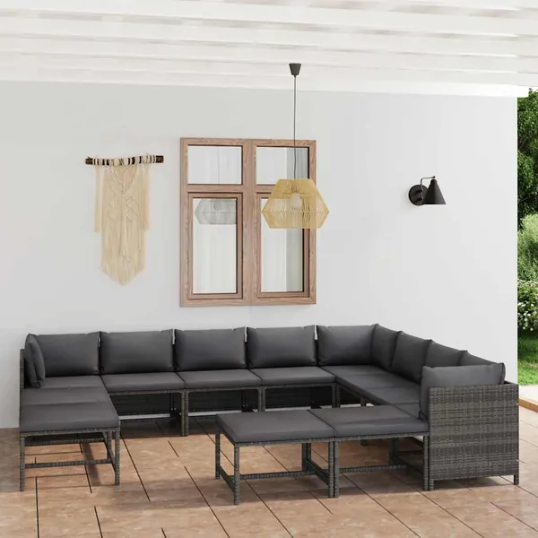 Salon de jardin 12 pcs avec coussins Résine tressée Gris