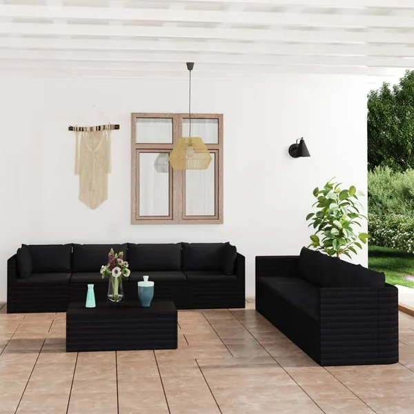 Salon de jardin 9 pcs avec coussins Résine tressée Noir