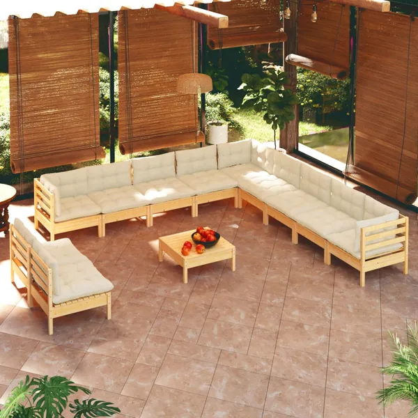 Salon de jardin 12 pcs avec coussins crème Bois de pin massif