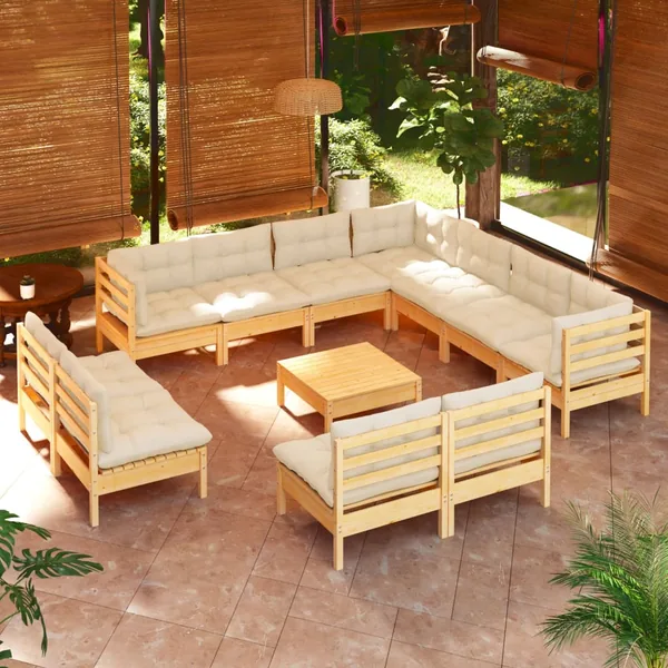 Salon de jardin 12 pcs avec coussins crème Bois de pin massif