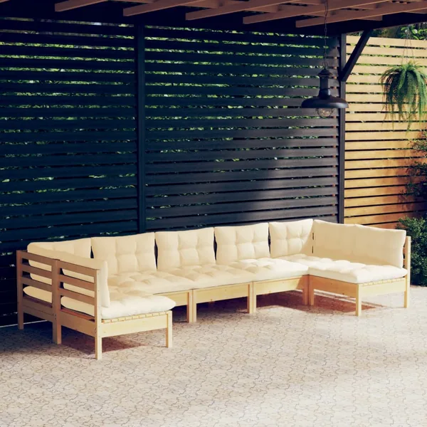 Salon de jardin 7 pcs avec coussins crème bois de pin massif
