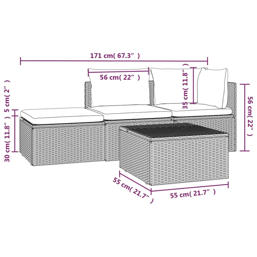 Salon de jardin 4 pcs avec coussins Gris Résine tressée - 12