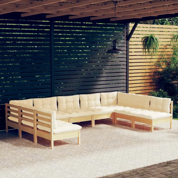 Salon de jardin 9 pcs avec coussins crème bois de pin massif