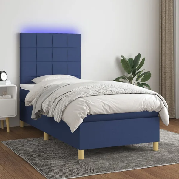 Sommier à lattes de lit et matelas et LED Bleu 90x190 cm Tissu