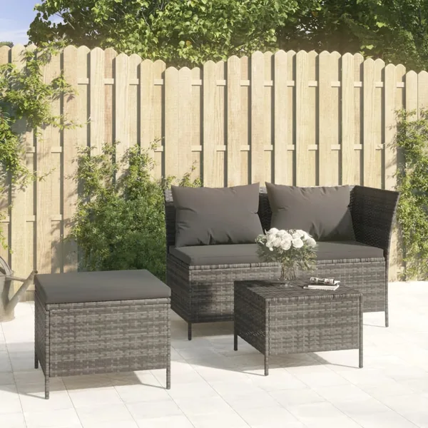 Salon de jardin 3 pcs avec coussins Gris Résine tressée