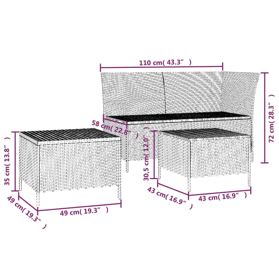 Salon de jardin 3 pcs avec coussins Gris Résine tressée - 12