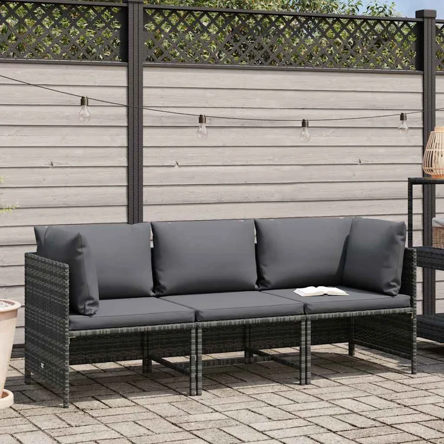 Canapé de jardin à 3 places avec coussins Gris Résine tressée - 2