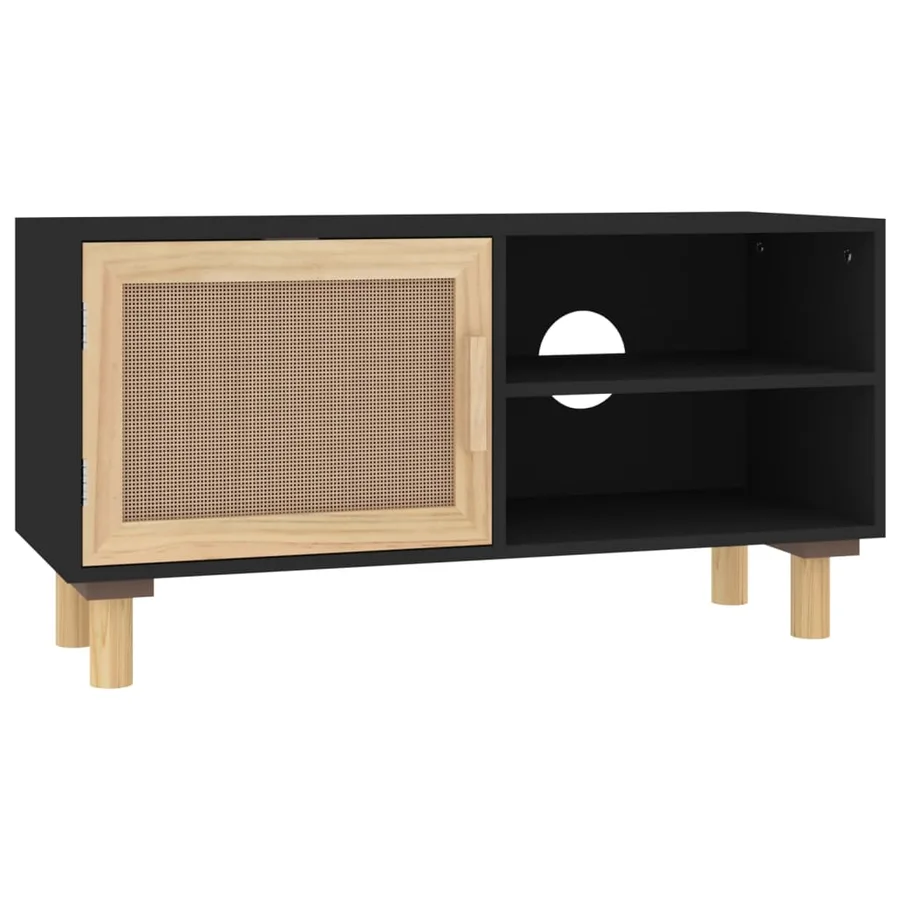 Meuble TV Noir 80x30x40 cm Bois de pin massif et rotin naturel - 2