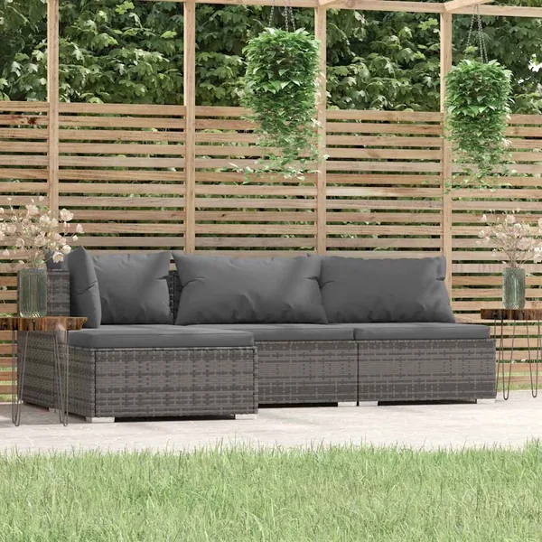 Salon de jardin 4 pcs avec coussins Gris Résine tressée