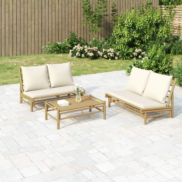 Salon de jardin 3 pcs avec coussins blanc crème bambou