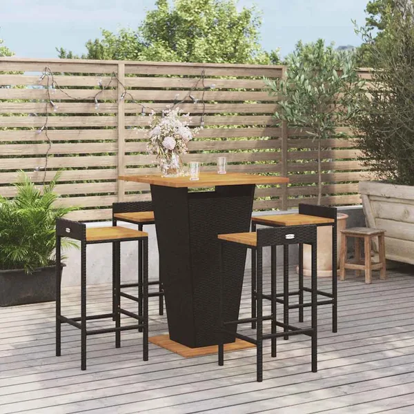 Ensemble de bar jardin 5 pcs noir poly rotin/bois massif acacia