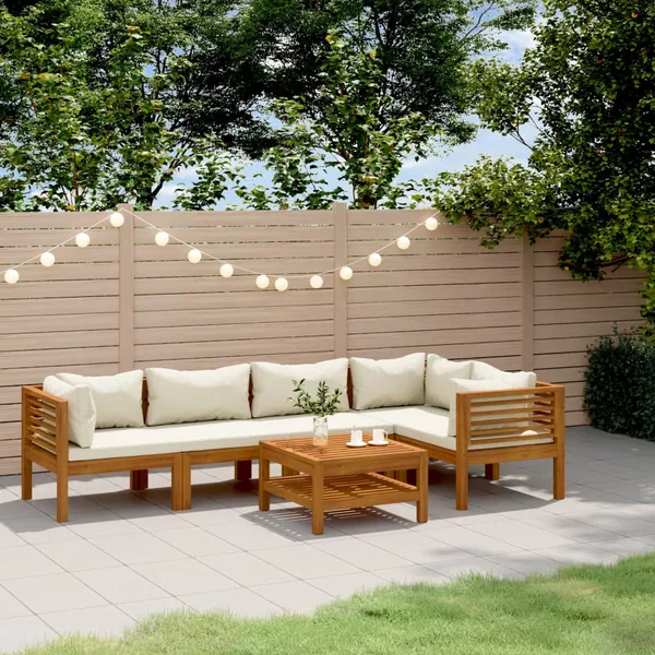 Salon de jardin 6 pcs avec coussin crème Bois d'acacia solide