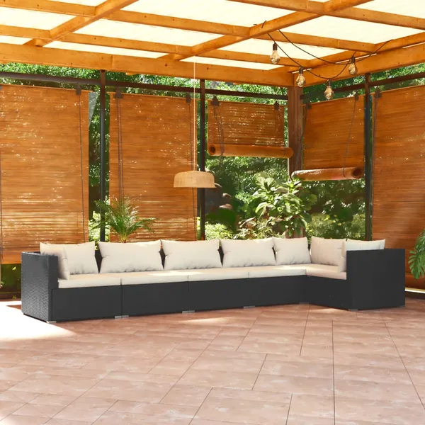 Salon de jardin 6 pcs avec coussins Résine tressée Noir