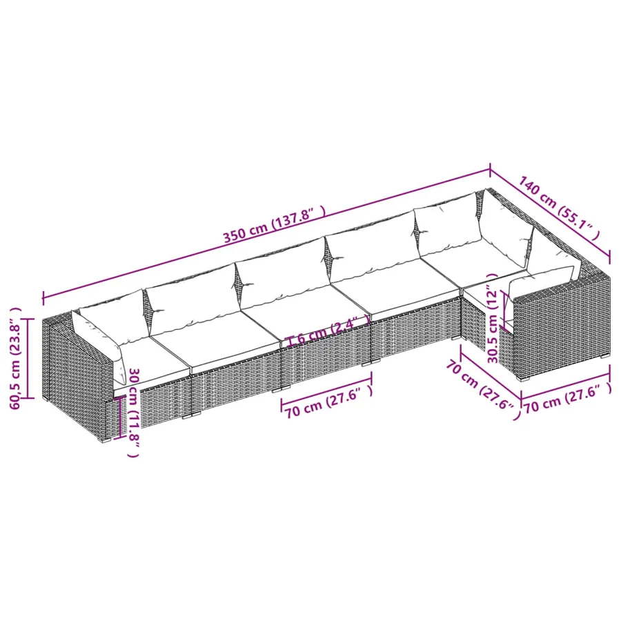 Salon de jardin 6 pcs avec coussins Résine tressée Noir - 5