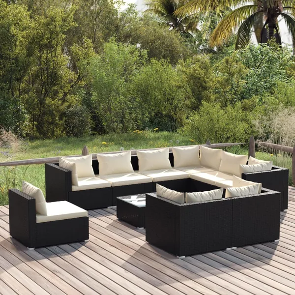 Salon de jardin 10 pcs avec coussins Résine tressée Noir