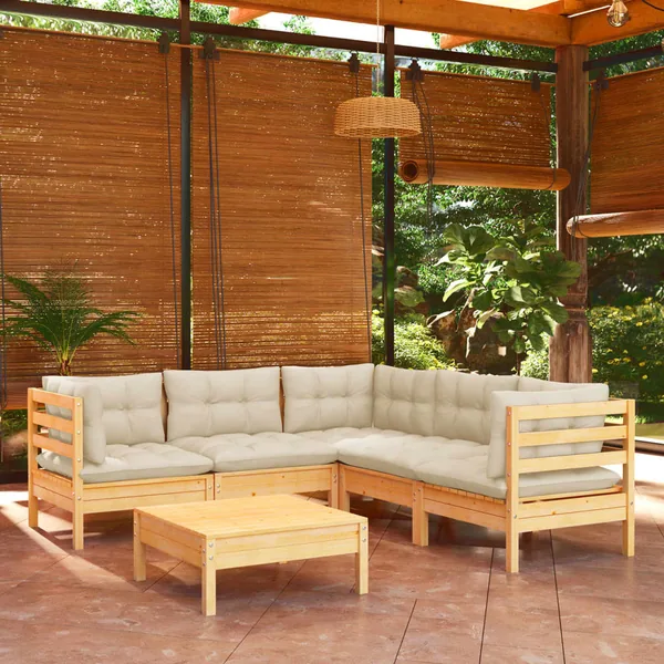 Salon de jardin 6 pcs avec coussins crème Bois de pin massif