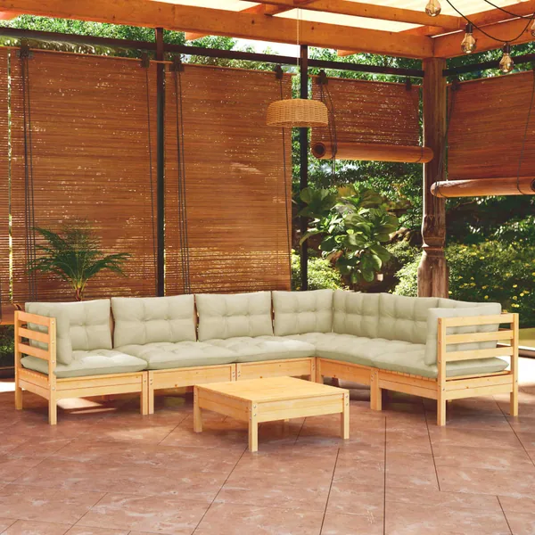 Salon de jardin 7 pcs avec coussins crème bois de pin massif