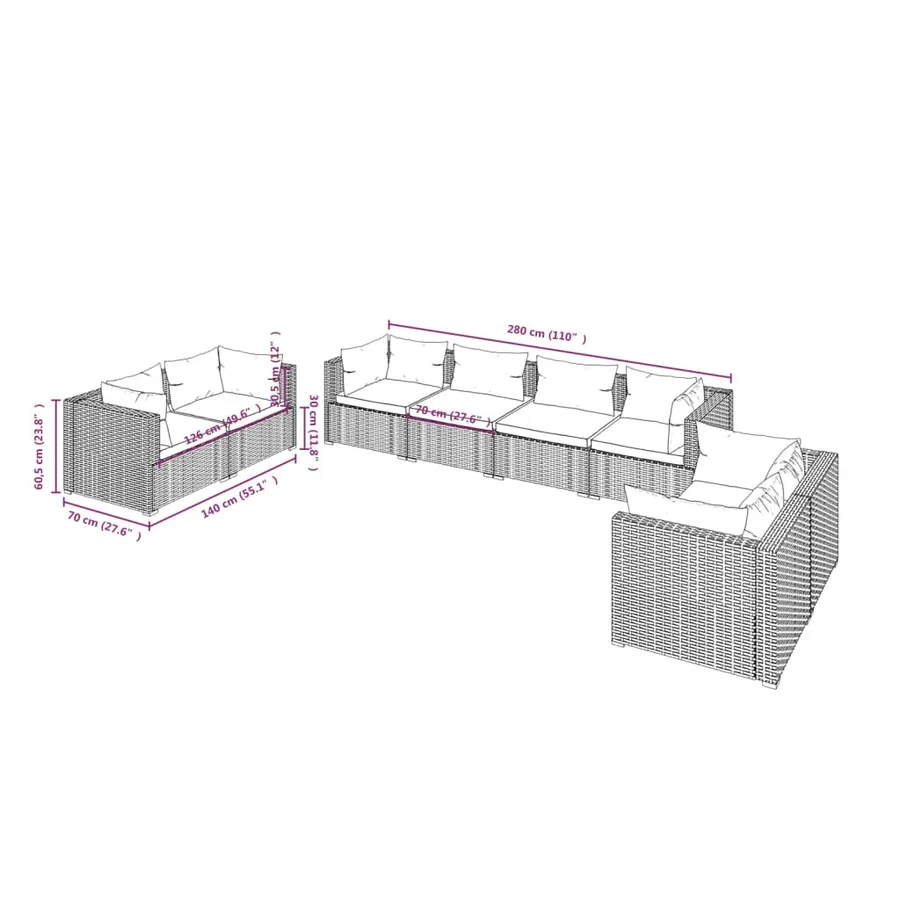 Salon de jardin 8 pcs avec coussins Résine tressée Gris - 7