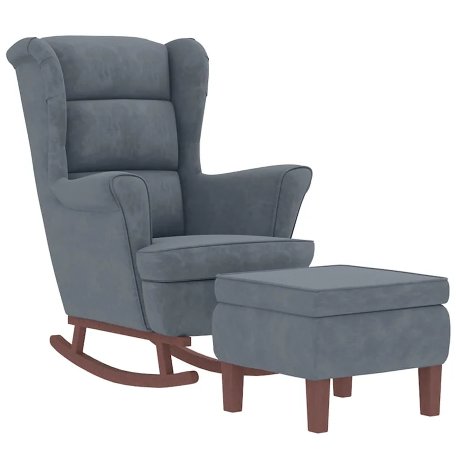 Fauteuil à bascule à oreilles en velours gris foncé bois massif - 3