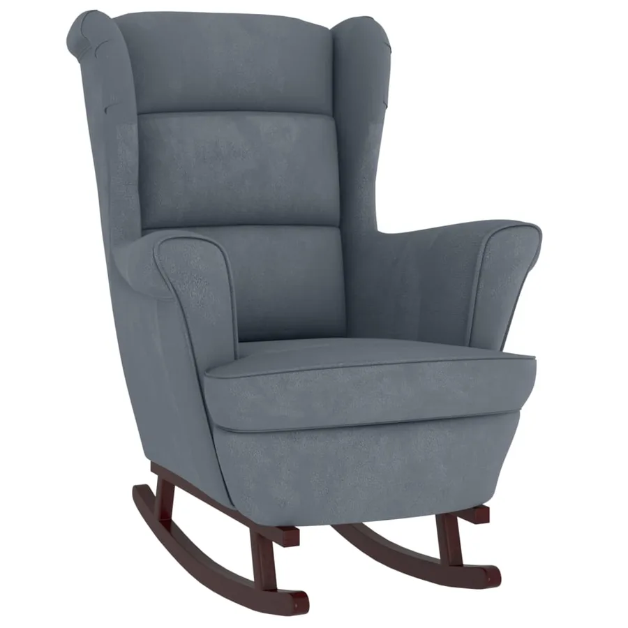 Fauteuil à bascule à oreilles en velours gris foncé bois massif - 4