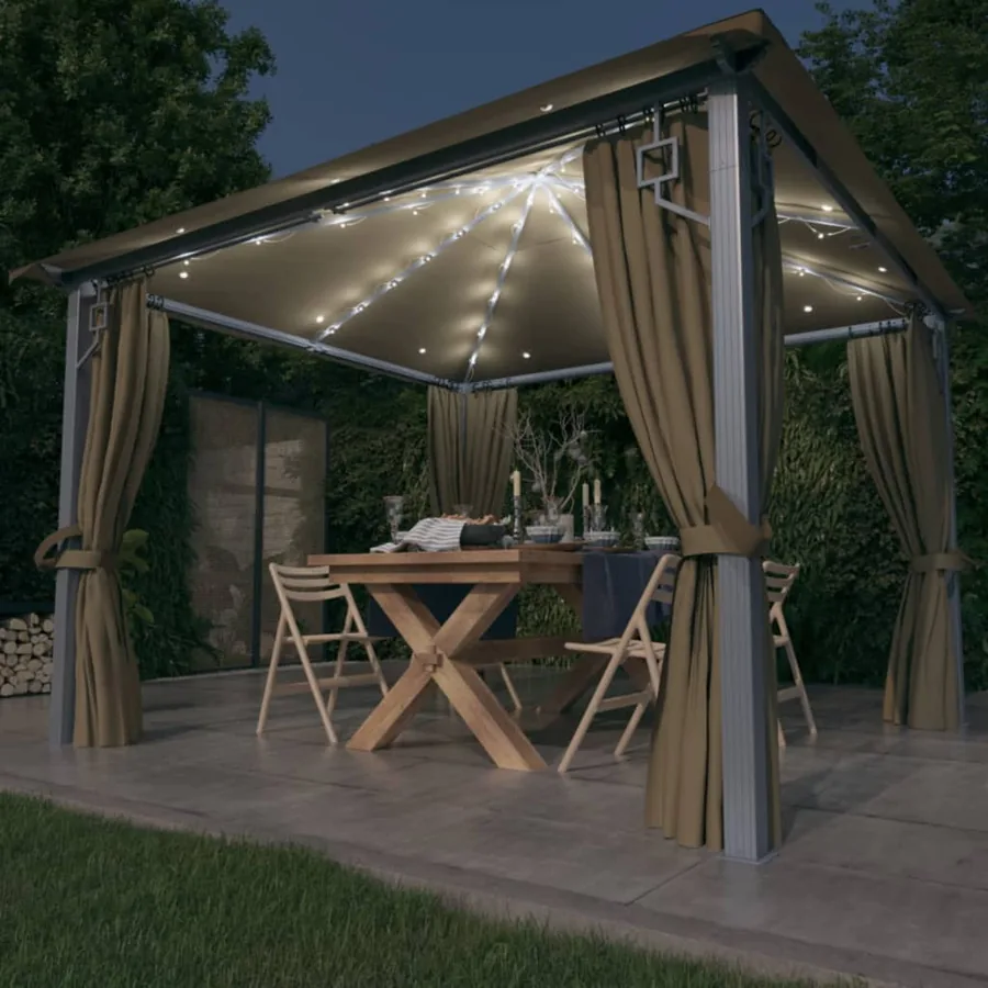 Tonnelle avec rideau et lumières LED 3x3 m Taupe Aluminium