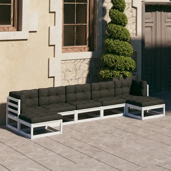 Salon de jardin 7 pcs avec coussins blanc bois de pin massif