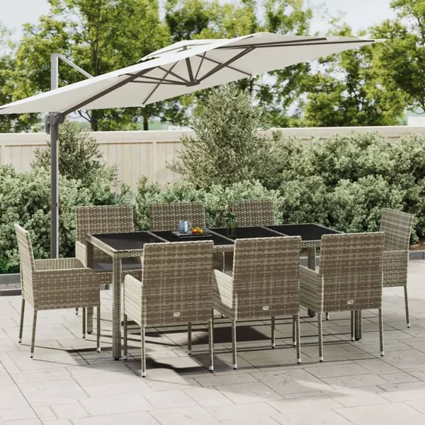 Ensemble à manger de jardin 9 pcs coussins gris résine tressée