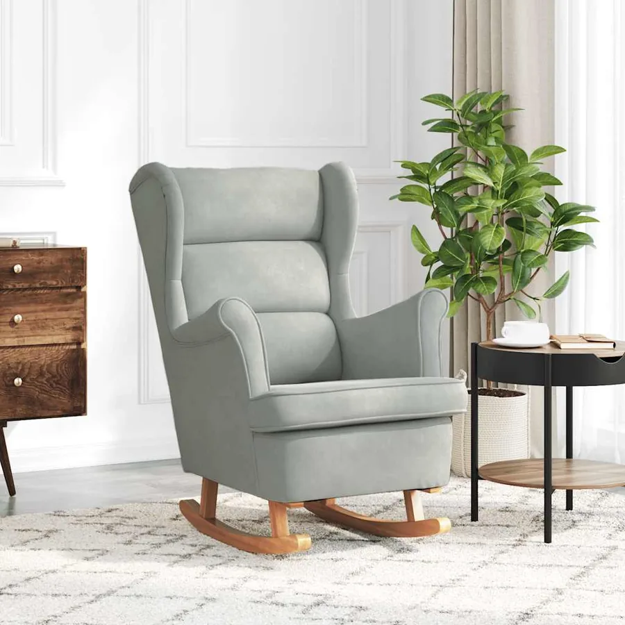 Fauteuil à bascule à oreilles en velours gris clair bois massif