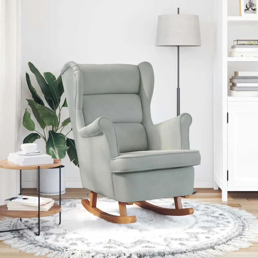 Fauteuil à bascule à oreilles en velours gris clair bois massif - 3