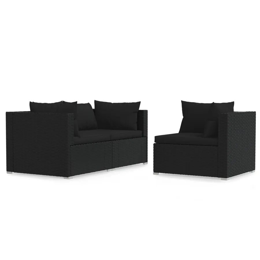 Salon de jardin 3 pcs avec coussins Noir Résine tressée - 2