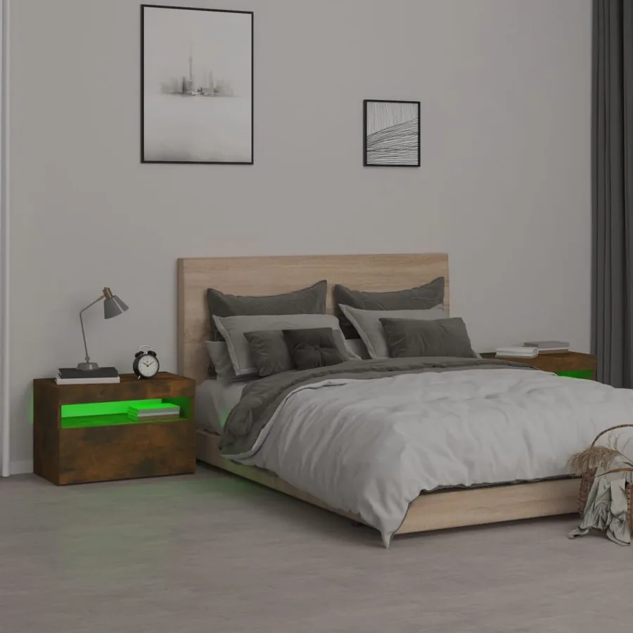 Tables de chevet 2 pcs et lumières LED Chêne fumé 60x35x40 cm - 5