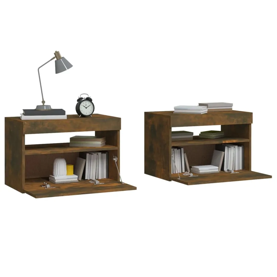 Tables de chevet 2 pcs et lumières LED Chêne fumé 60x35x40 cm - 7