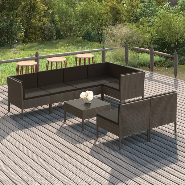 Salon de jardin 8 pcs avec coussins résine tressée gris