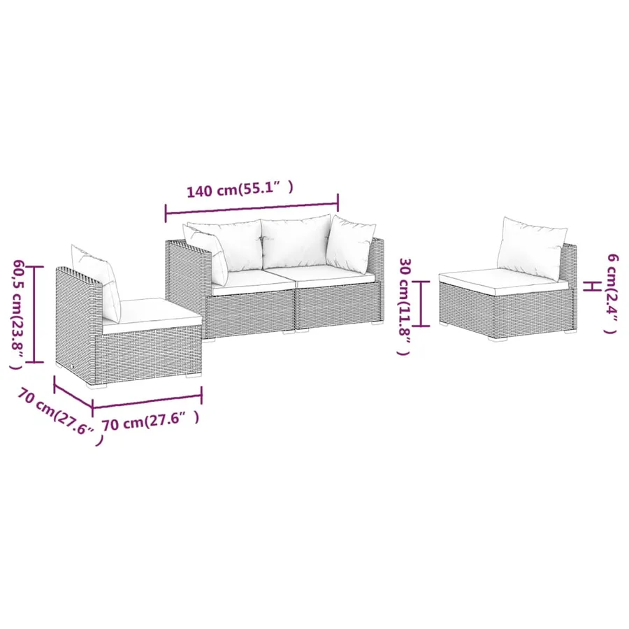 Salon de jardin 4 pcs avec coussins Résine tressée Noir - 7