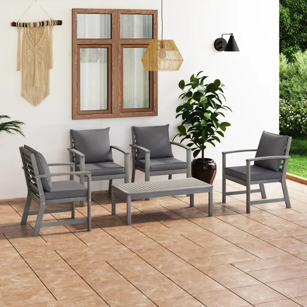 Salon de jardin 5 pcs avec coussin Bois d'acacia solide Gris