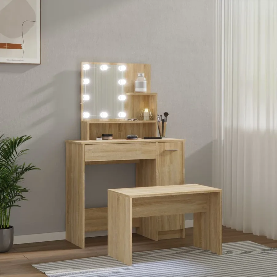 Ensemble de coiffeuse avec LED Chêne sonoma Bois d'ingénierie - 4