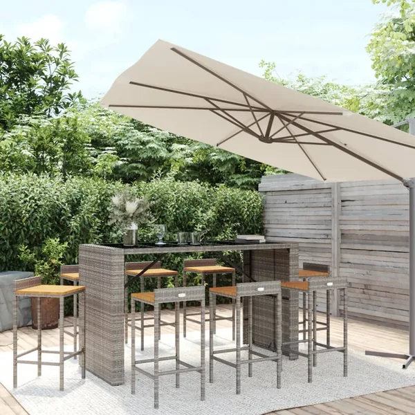 Ensemble de bar jardin 9 pcs gris poly rotin/bois massif acacia