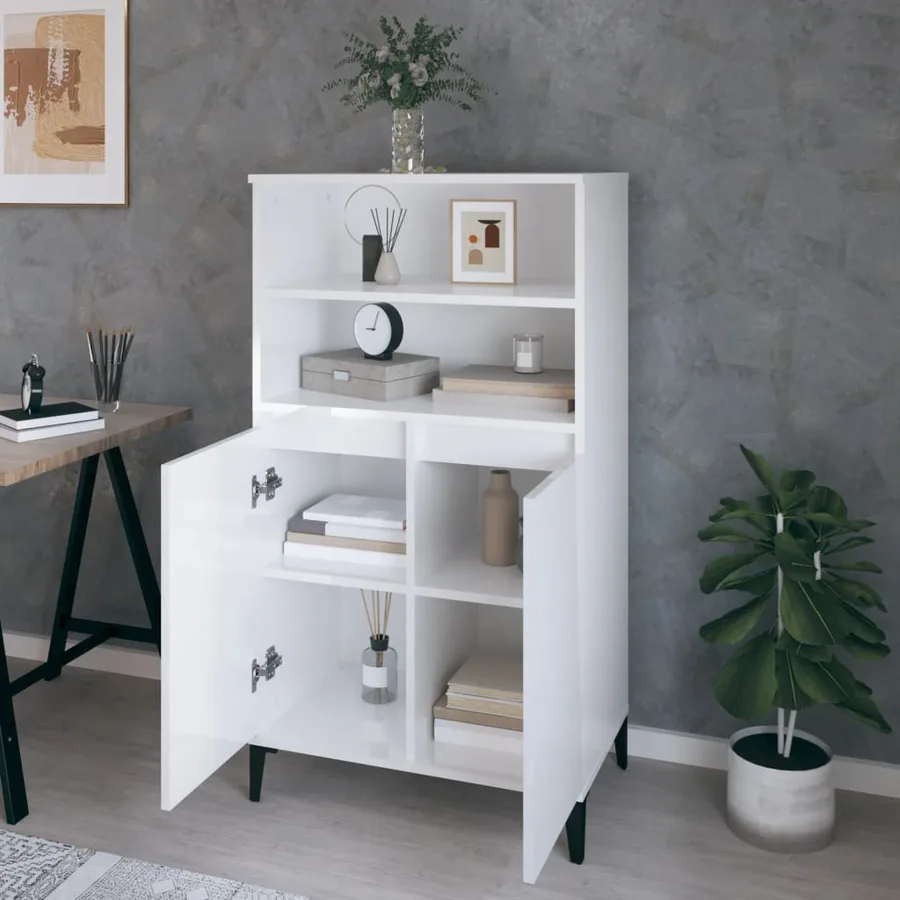 Buffet haut Blanc brillant 60x36x110 cm Bois d'ingénierie - 6