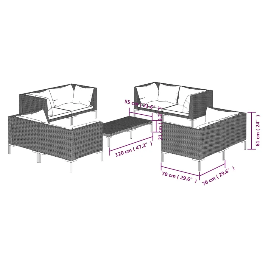 Salon de jardin 9 pcs avec coussins Résine tressée Gris foncé - 7