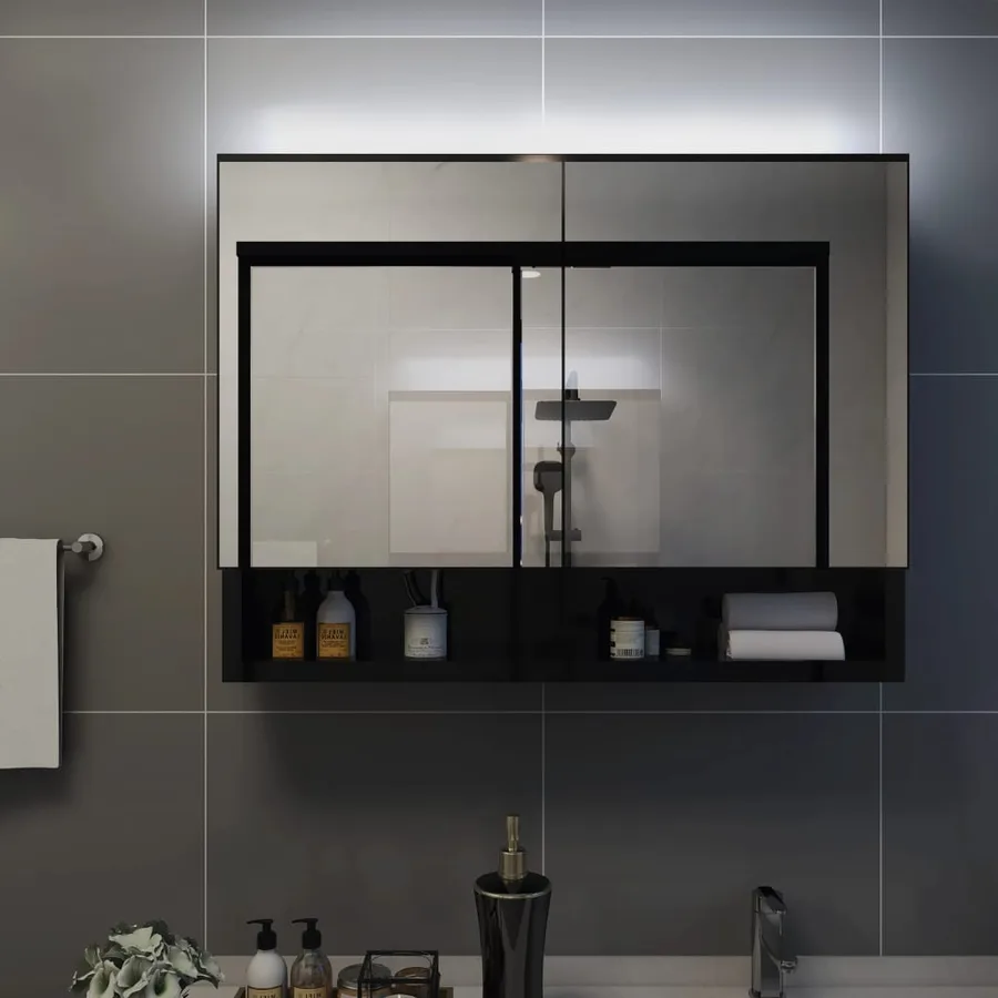 Armoire à miroir de salle de bain LED Noir 80x15x60 cm MDF - 3