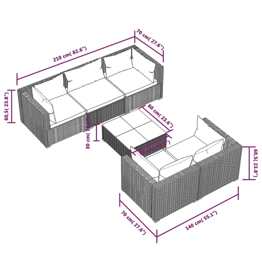 Salon de jardin 6 pcs avec coussins Résine tressée Marron - 9