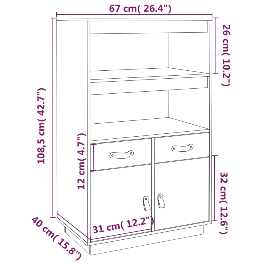 Buffet haut Blanc 67x40x108,5 cm Bois massif de pin - 10