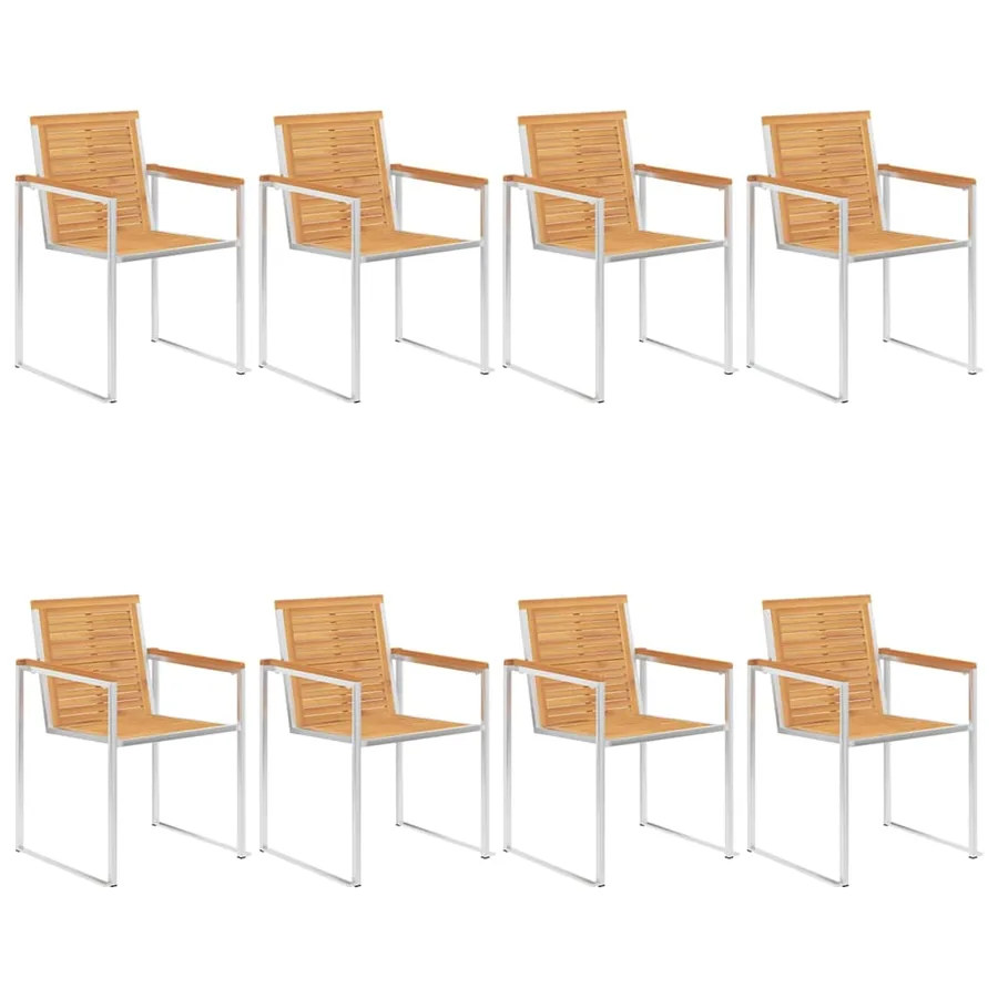 Chaises de jardin lot de 8 Bois teck solide et acier inoxydable