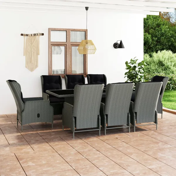 Ensemble à manger d'extérieur et coussins 9 pcs résine tressée