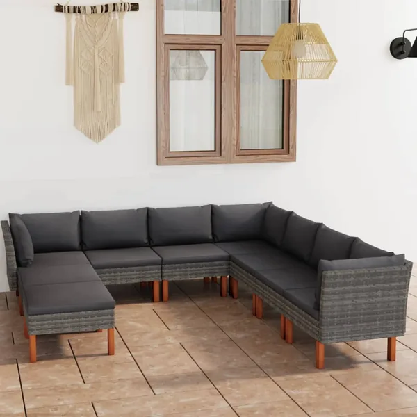 Salon de jardin 9 pcs avec coussins Résine tressée Gris