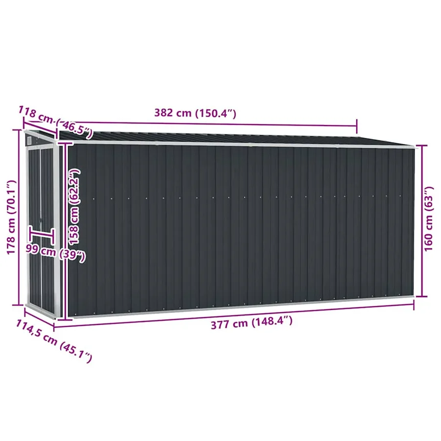 Abri de jardin mural Anthracite 118x382x178 cm Acier - 7