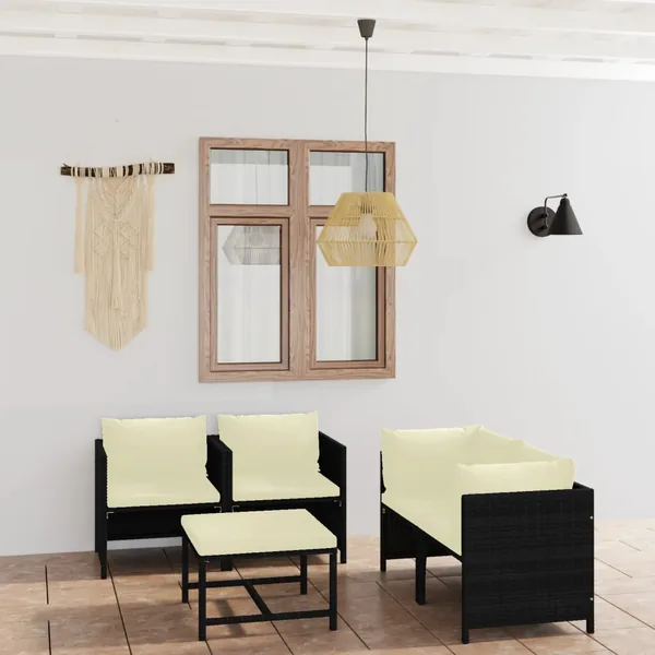 Salon de jardin 5 pcs avec coussins Résine tressée Noir