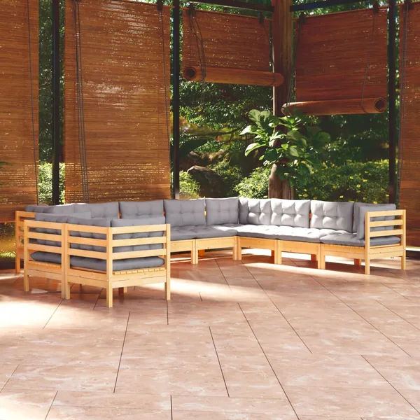 Salon de jardin 10 pcs avec coussins gris bois de pin massif
